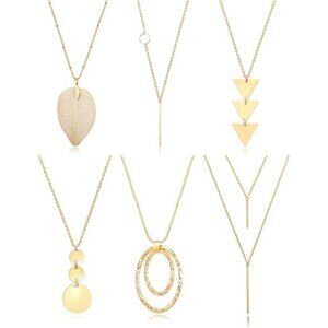 Women 6 PCS Long Pendant Necklace for Women Gold Bar Circle‎ Leaf Triangle Set